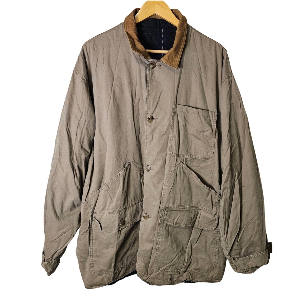 Mens Beige Utility Jacket Chore Coat Suede Collar Plaid Lined Workwear Size L/XL